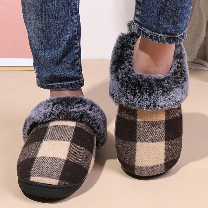 Fashion Retro Plaid Plush Slippers for Women Soft Faux Fur House Cotton Slippers Woman Winter Slip On Non Slip Furry Slides Female