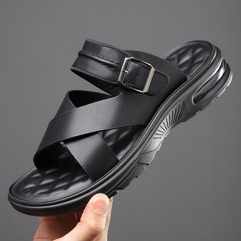 Herren flache Hausschuhe Sommer Braune Römische Sandalen Retro Schwarzes Leder Breite Zehenpartie Strandschuhe für Vater Übergröße