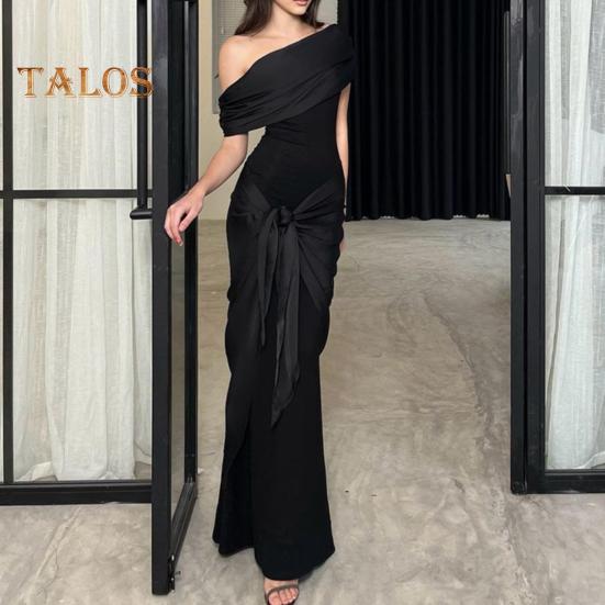 Dámské večerní šaty Šikmý výstřih od ramene Skládaný bez rukávů Šněrovací vlečka Dekor Nepravidelný design Slim Fit Plesové maxi šaty Letní šaty