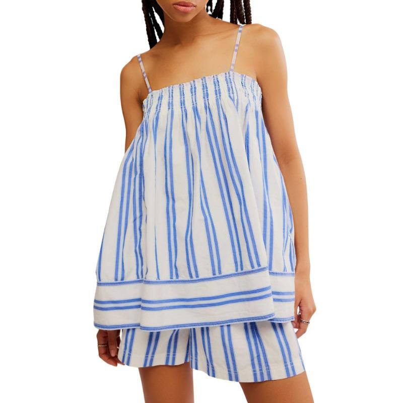 VEZFAA Women's Fashion Casual Summer Spring Stripe Print Sleeveless Suspenders Trousers Pants Suits