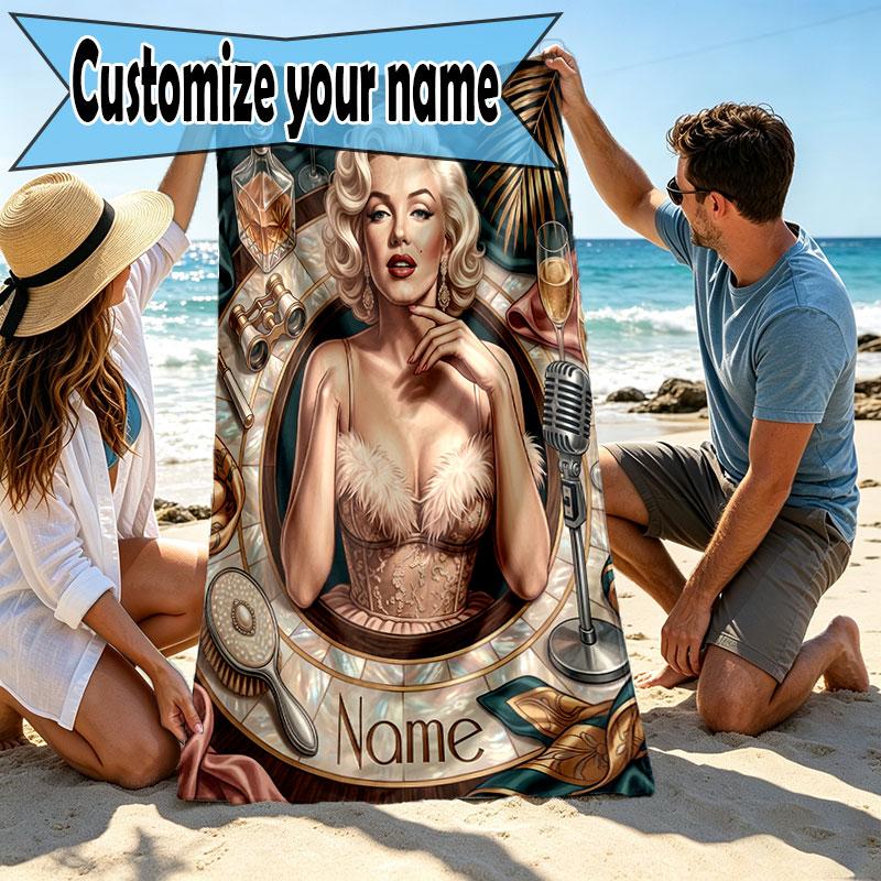 Custom Name Personalized Marilyn Monroe Print Beach Towel, for Trip Camping Beach Party Home Decor, Birthday Gift for Family & Friends
