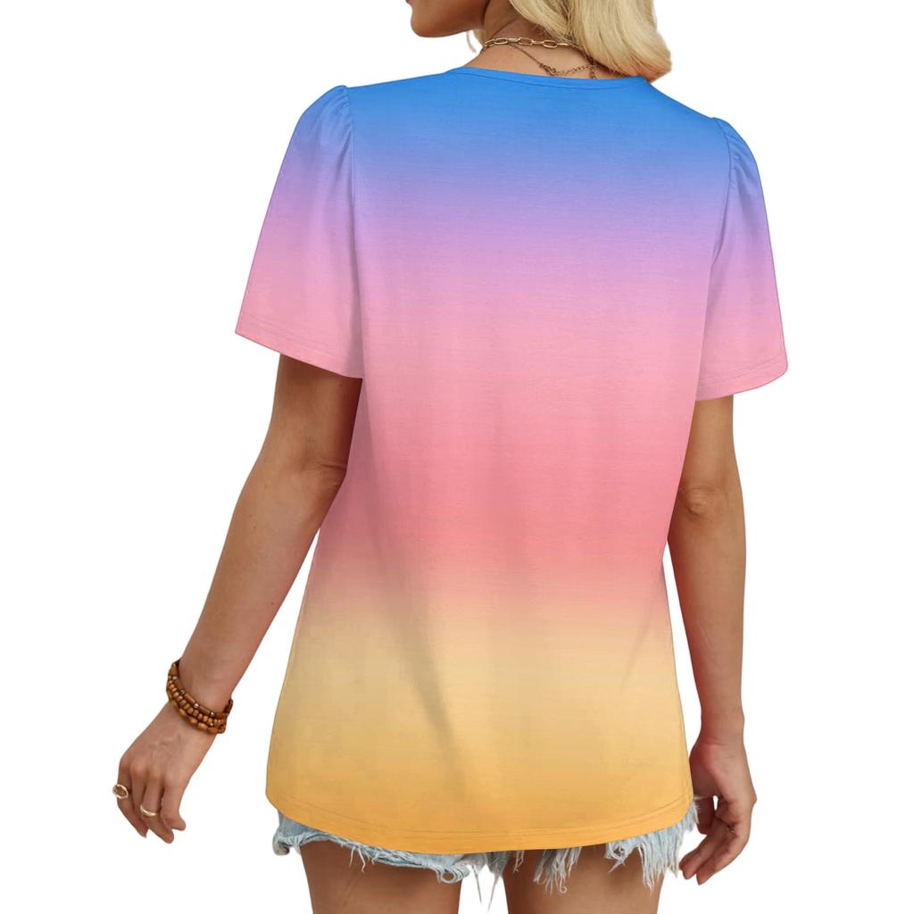 Women's Casual Fashion Round Neck Gradient Printed Pleated Short Sleeve T,shirt Top