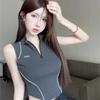 Women Sports Vest Black Tank Tops Half Zipper Sleeveless Tees For Girls Sexy Fashion Crop Tops Female T-shirts