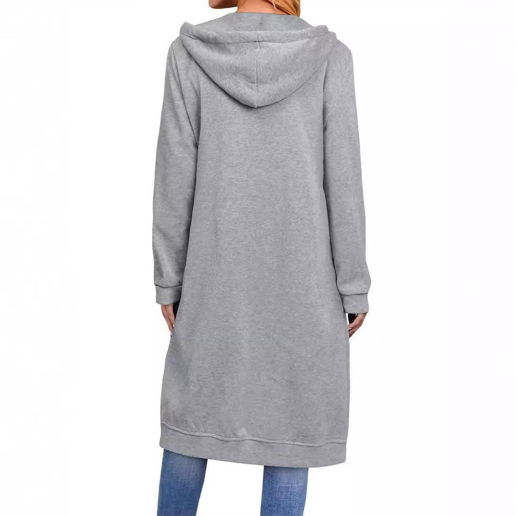 Loose Fit Length Full Zip Up Hooded Coat For Women Cotton Outerwear Long Sleeve Hoodie Sweat with Pockets