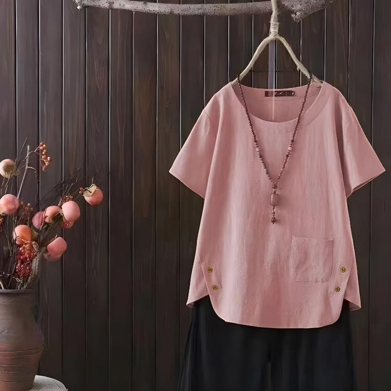 Kortmouwig T-shirt Dames Zomer Linnen Retro Stijl Mode Grote Maat Los Dames Top