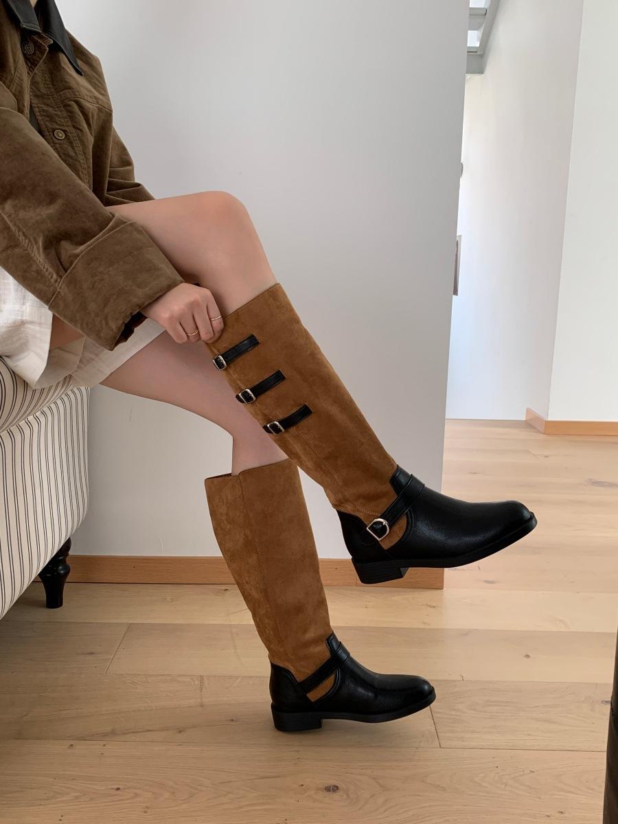 

Spice girl thick heel splicing knight boots 2025 autumn and winter new buckle high boots super fire Martin boots women 39 хакі