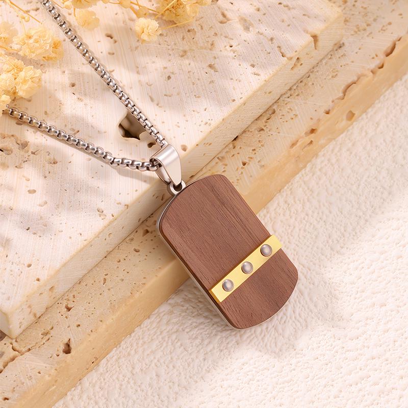 Bestselling Men's Two-Tone Wooden Cross Titanium Steel Dog Tag Necklace