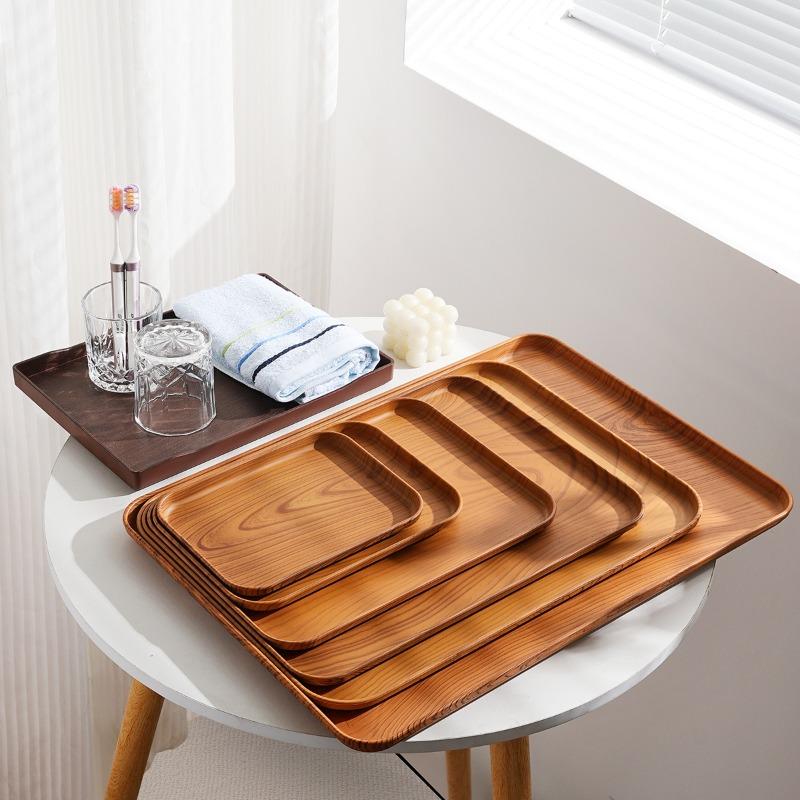 Rectangular Wood-Grain Plastic Serving Tray-Multi-Purpose Storage Plate for Home &Commercial Use,for Water Cups,Cakes & Desserts