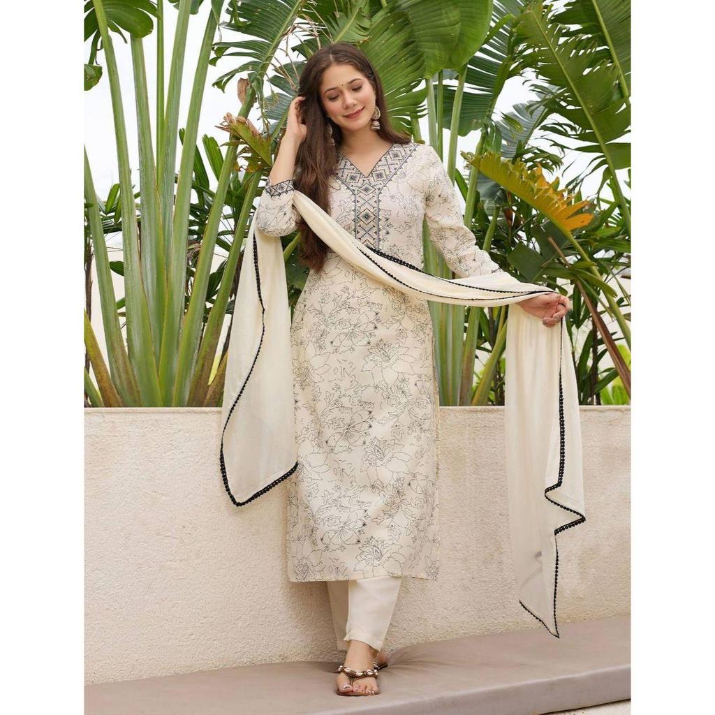 Women's Rayon Embroidered and Printed Straight Kurta with Pant And Dupatta Sets
