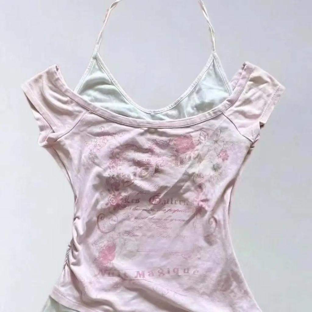 TrendHub American Vintage T Shirts Retro Grunge Letter Flower Print Crop Tops Y2k Summer T Shirts Fashion Streetwear Halter Harajuku Tees