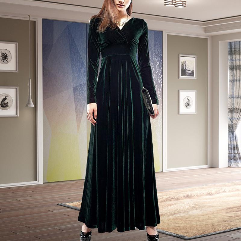 European and American new women's clothing autumn and winter solid color long-sleeved dress, golden velvet V-neck dress