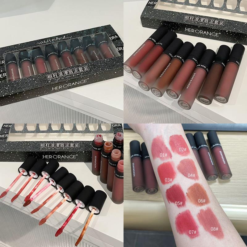 8-Piece Velvet Matte Lip Mud Set, Skin-Brightening Nude Lip Gloss for Daily Makeup, Multi-Use Lip Cheek & Eye Palette