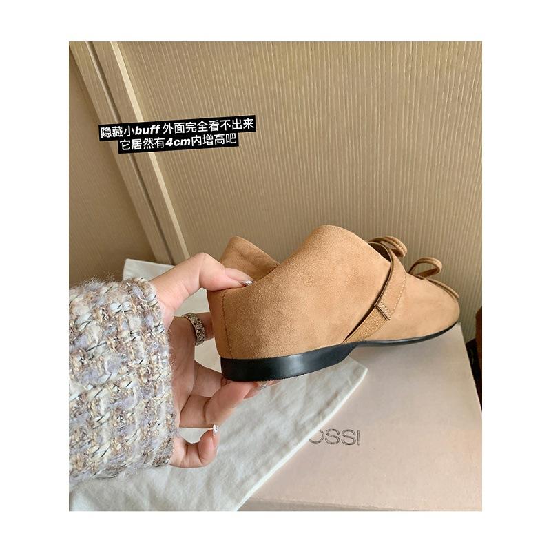 Sheepskin~ 4cm inner height increase shoes square head ballet flats women's shallow mouth versatile French bow Mary Jane shoes