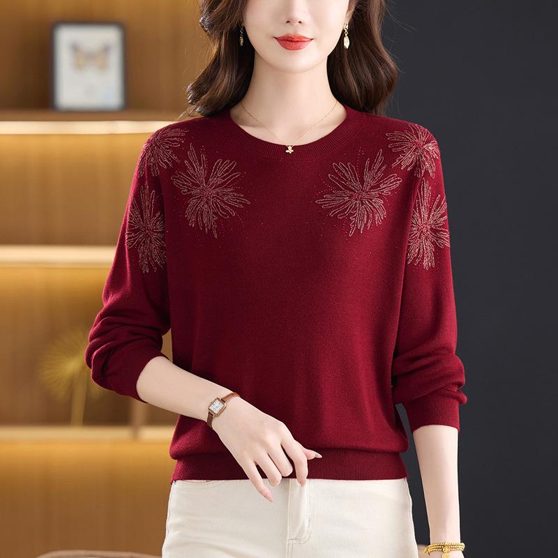 Pull Noble Grande Taille Printemps & Automne pour Femmes d'Âge Moyen & Âgées - Nouveau 2025 Coupe Slim Couvrant le Ventre T-shirt de Base