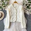 Spring Autumn Women Elegant Full Sleeve Single Breasted Pearl Button Weave Flower Short Jacket Coat with Pocket