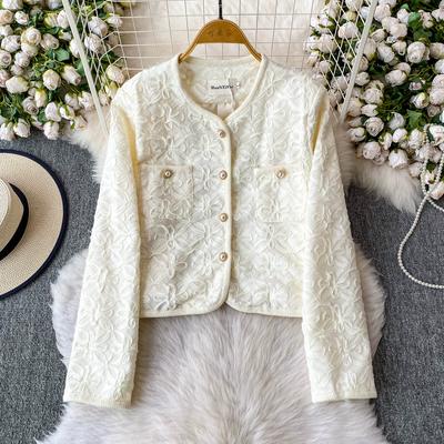 Spring Autumn Women Elegant Full Sleeve Single Breasted Pearl Button Weave Flower Short Jacket Coat with Pocket