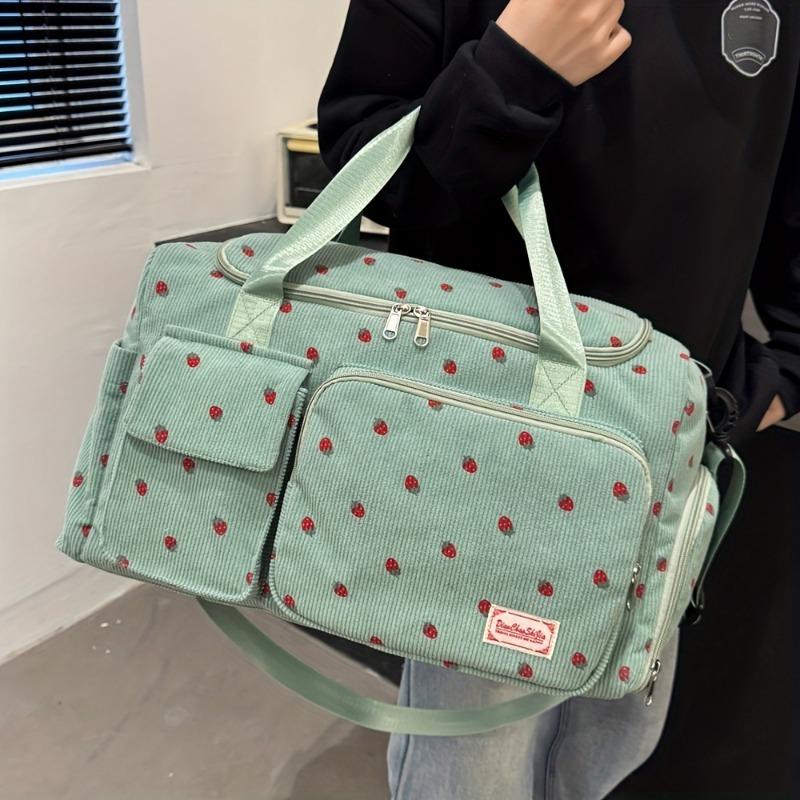 Large Capacity Strawberry Print Duffel Bag with Multiple Compartments - Durable Nylon Casual Gym & Travel Bag, Reinforced Handles & Secure Zippers