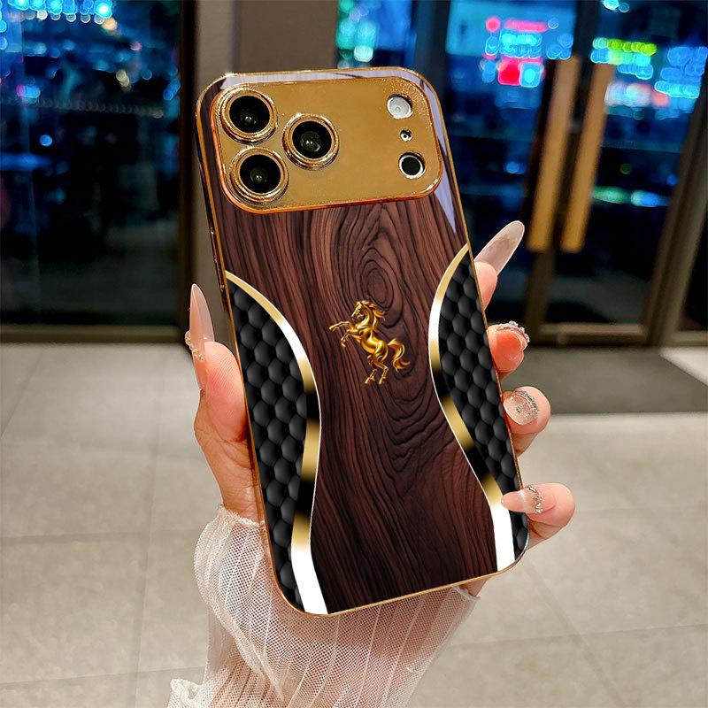 Quilted Gold Horse Electroplated Golden Phone Case For iPhone 18 17Air 17 16 15 14 13 12 11 Pro Max Plus 16E XR 7 8  Glass Cover