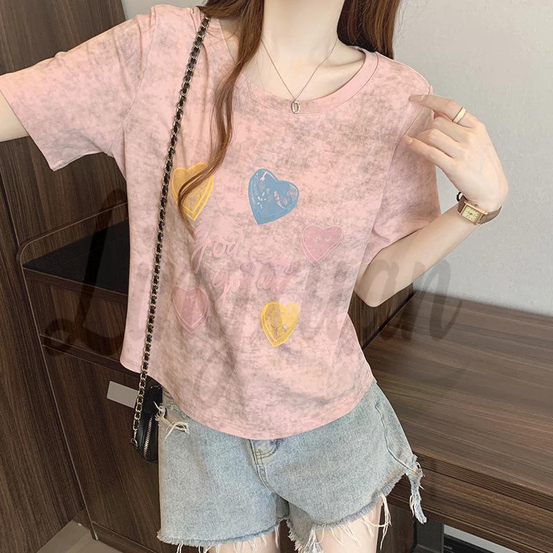 2026 Plus Size Women s Tie-Dye Heart & Letter Print Short Sleeve T-shirt 4XL