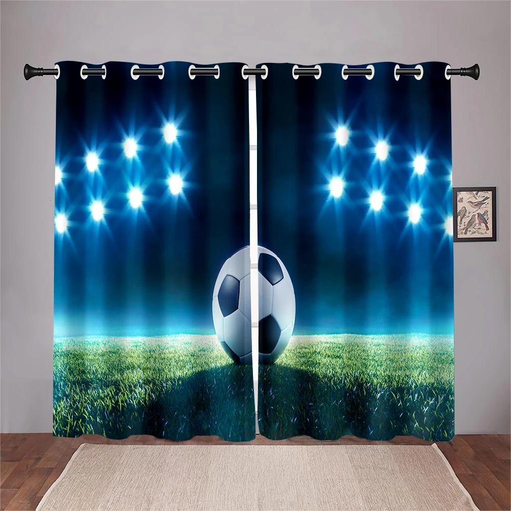 3D Fotbollsplan Glänsande Ljusslingor Gardiner Fotbollsälskare Heminredning Gardiner 2 Paneler Vardagsrum Sovrum Allrum Barnrumsinredning