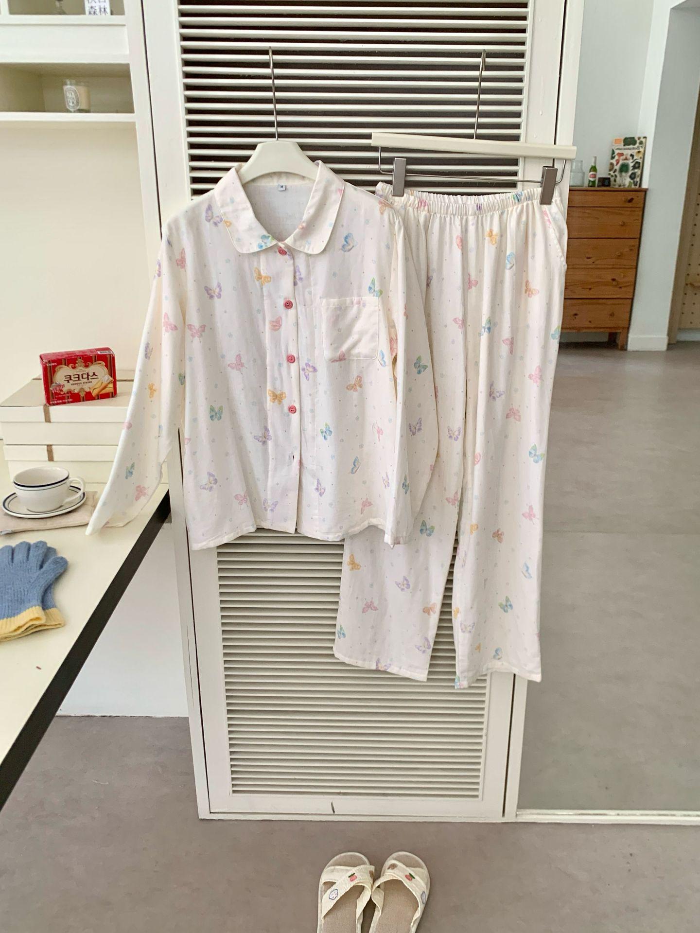 

Пижамный комплект в стиле Инс из чистого хлопка, двухслойной марли, с бабочками - Топ с длинным рукавом и длинные брюки L (160-170CM, up to 135 jin)