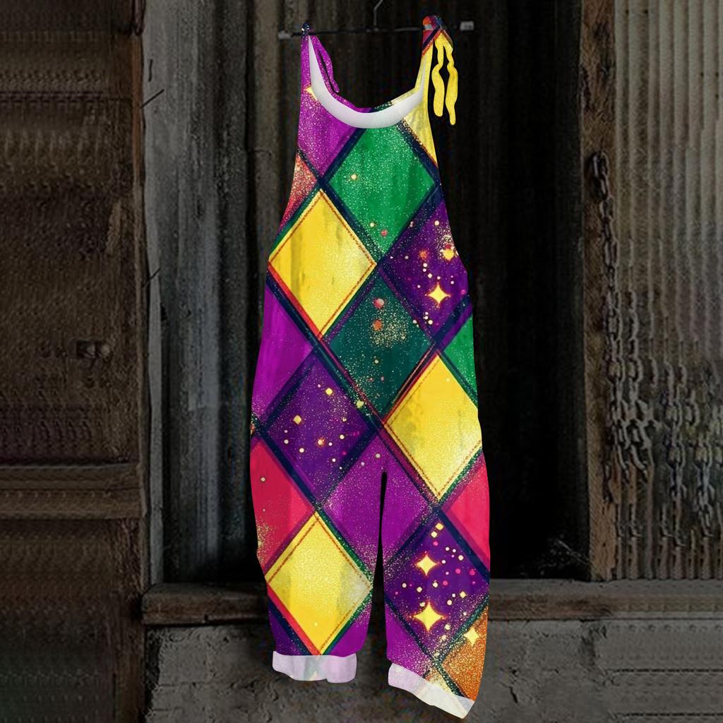Women's Casual Jumpsuit Sleeveless Carnival Mask Print Loose Retro Overalls Jumpsuit