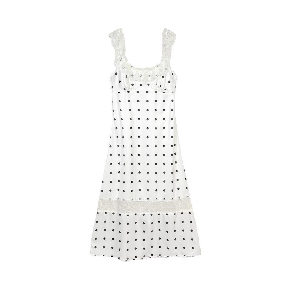 Halter polka dot dress lace lace splicing women's summer new design sense thin lace-up vest long dress tide