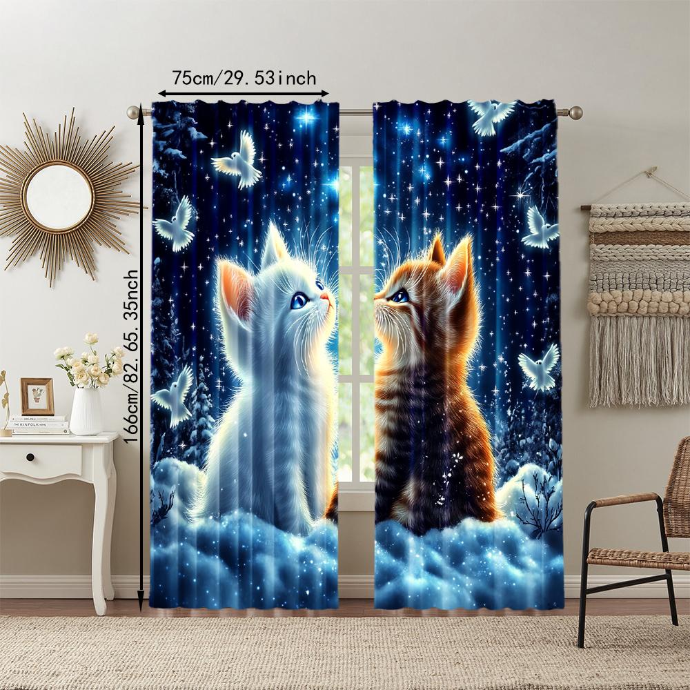 2Pcs Adorable Cat And Star Print Polyester Window Curtains Rod Pocket Design For Easy Hanging Home Decor Perfect For Bedroom