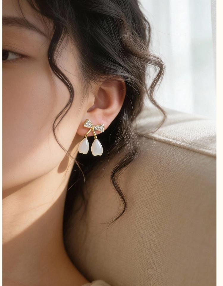 Elegant French S925 Silver Bow Cherry Dangle Earrings - Fashionable Micro-Paved Autumn/Winter Jewelry