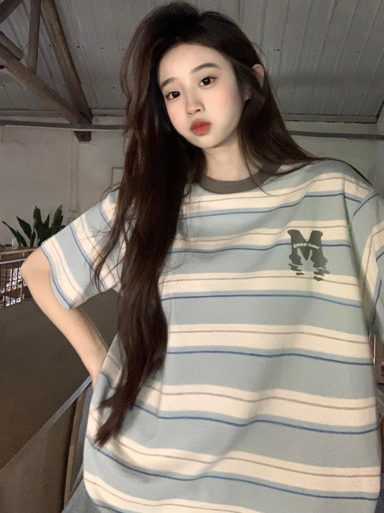 Cloud Color Short-sleeved T-shirt Women Summer Printing Loose Color Collision O-neck Versatile Tees Korean Women