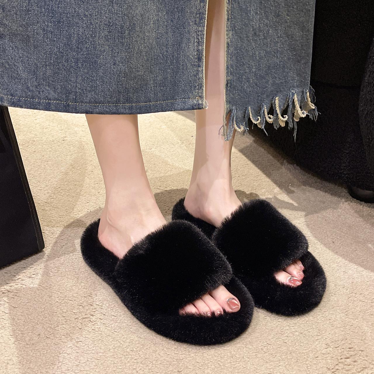

Домашние тапочки большого размера, пушистые, женские, весна-осень 2025, новый нишевый дизайн, ленивые хлопковые тапочки, зимние 35 чёрный
