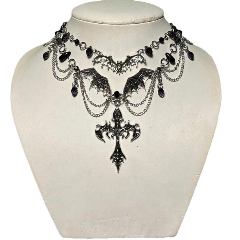 Gotische Kruis Hanger Ketting Met Kwastje Vleermuis Bedeltje Dames Statement Sieraden Gegalvaniseerde Metalen Ketting