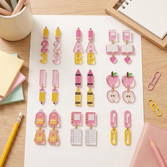 Boucles d'oreilles pendantes mignonnes en acrylique 1 paire Enseignante pour femmes, Thème Fête Commémorative Fête, Boucles d'oreilles Chiffre Alphabet Crayon Crayon Sac à dos 2D, Premier Jour