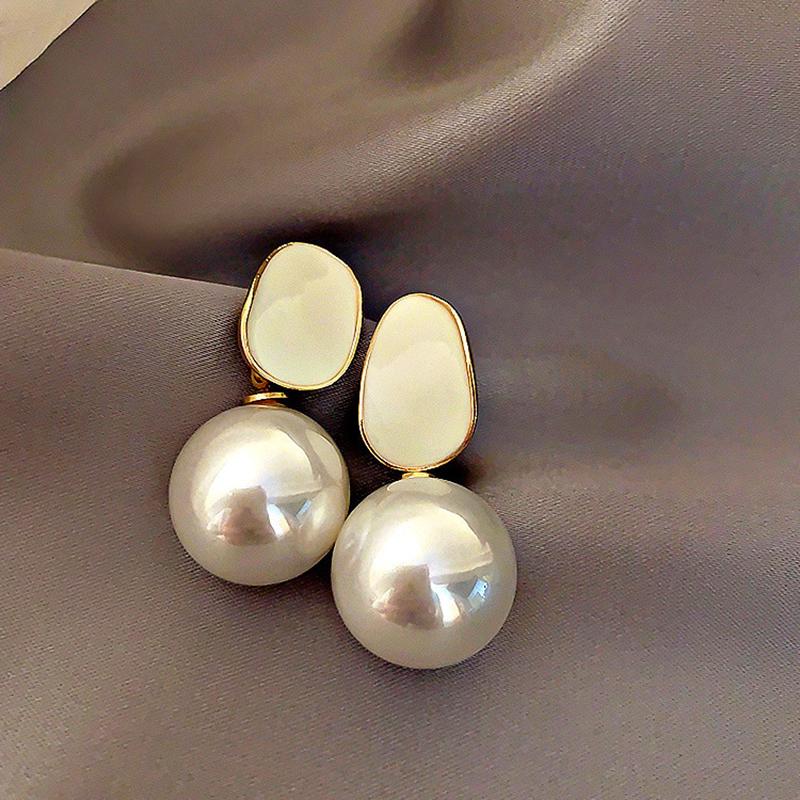 Trend Big Imitation Pearl Dangle Earrings Women Irregular Geometric Oval Drop Earrings for Women Enamel Oil Black Pink Zircon