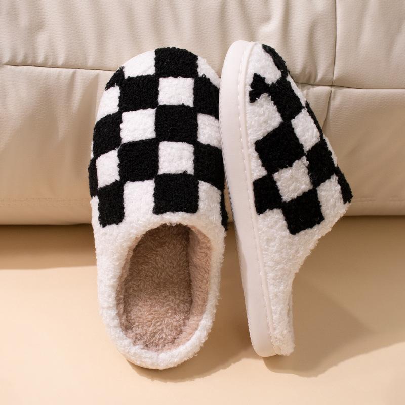 Rainbow checkerboard plaid winter indoor non-slip home cotton slippers plush warm daily casual fluffy slippers