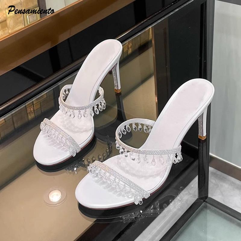 Crystal Pendant Tassel Women Slippers Sandals Elegant Stiletto High heels Mules Slides Female Summer Party Prom Shoes