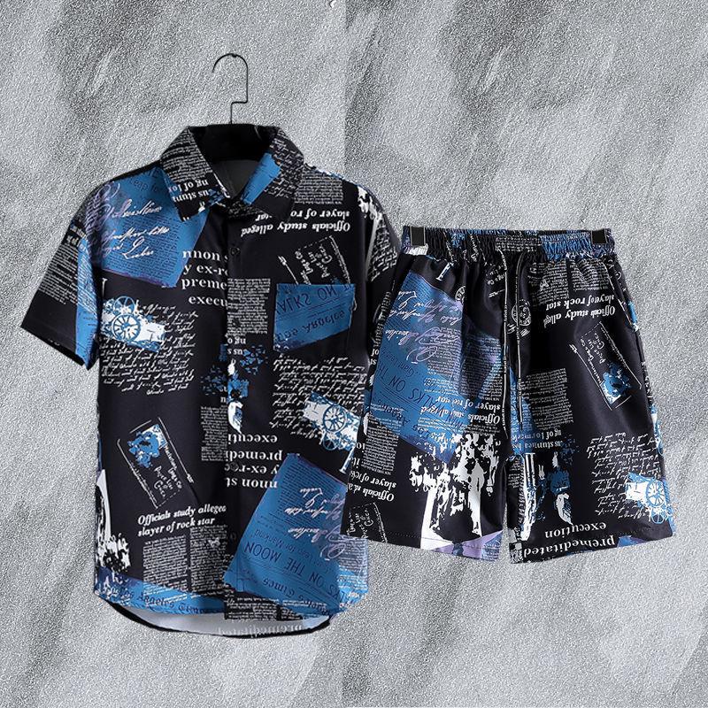 Men's Japanese Retro Floral Short-Sleeve Beach Shirt and Shorts - Plus Size Available