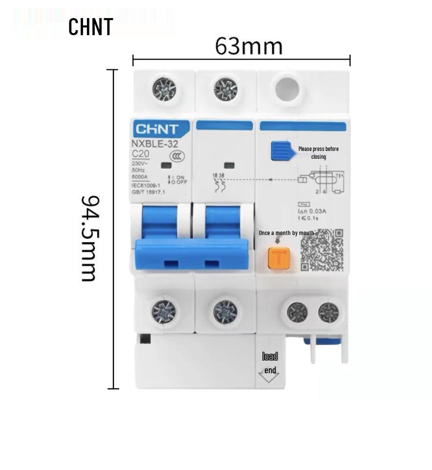 Chint 2P MCB Circuit Breaker with Air Switch, 220V RCD, 32A/63A, for Three-Phase Household Electrical Protection