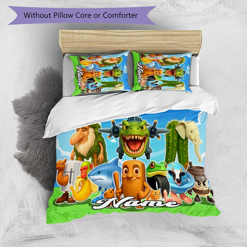 3pcs Custom Name Cartoon Italian Brainrot Animal Bedding Set Duvet Cover Closure Includes 1 Duvet Cover & 2 Pillowcases for All Seasons Bedroom Decor