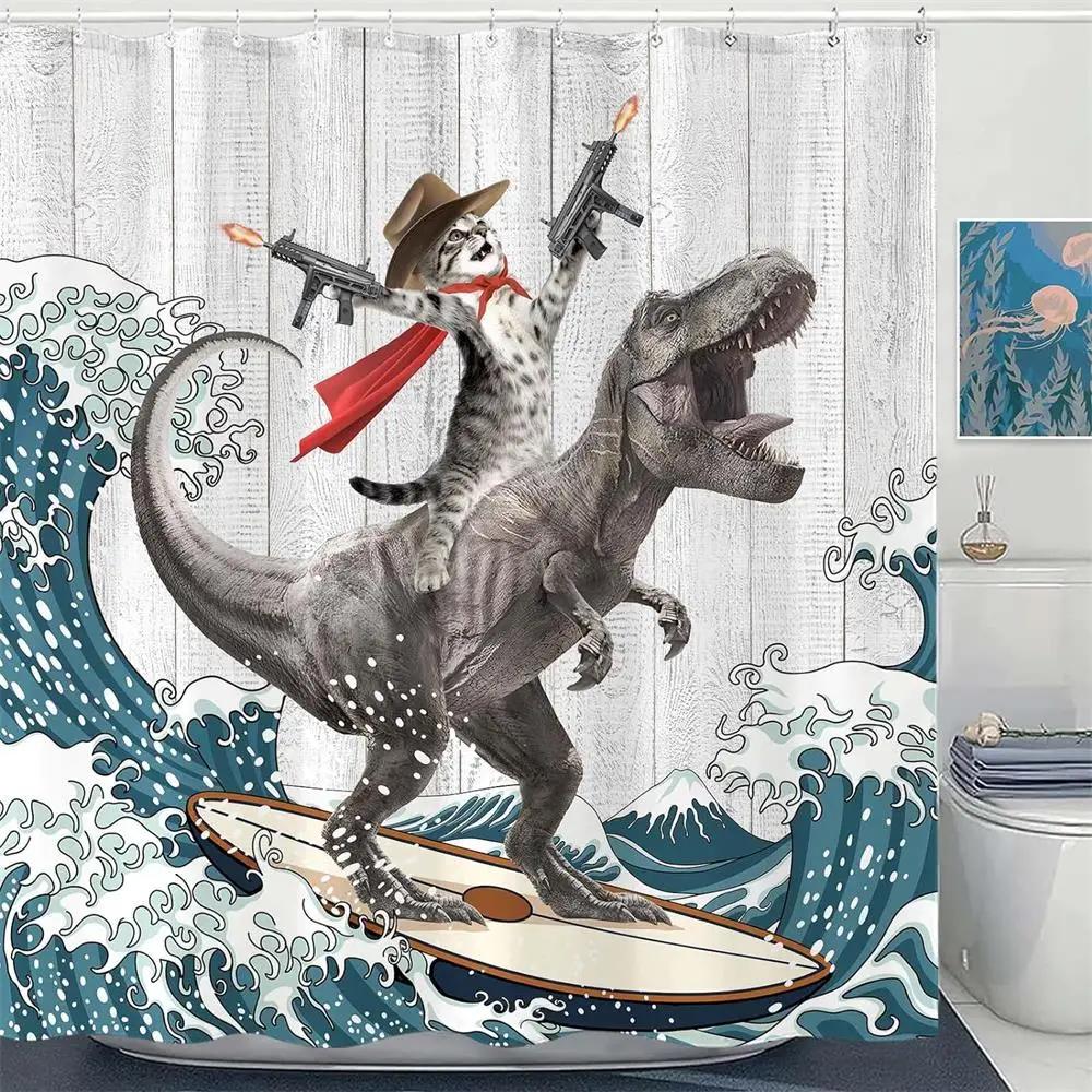 

Funny Cat Dinosaur Shower Curtain Fishing Japanese Ocean Wave Rustic Wood Farmhouse Fabric Kids Bath Curtains for Bathroom Decor 90x180cm-35x70in