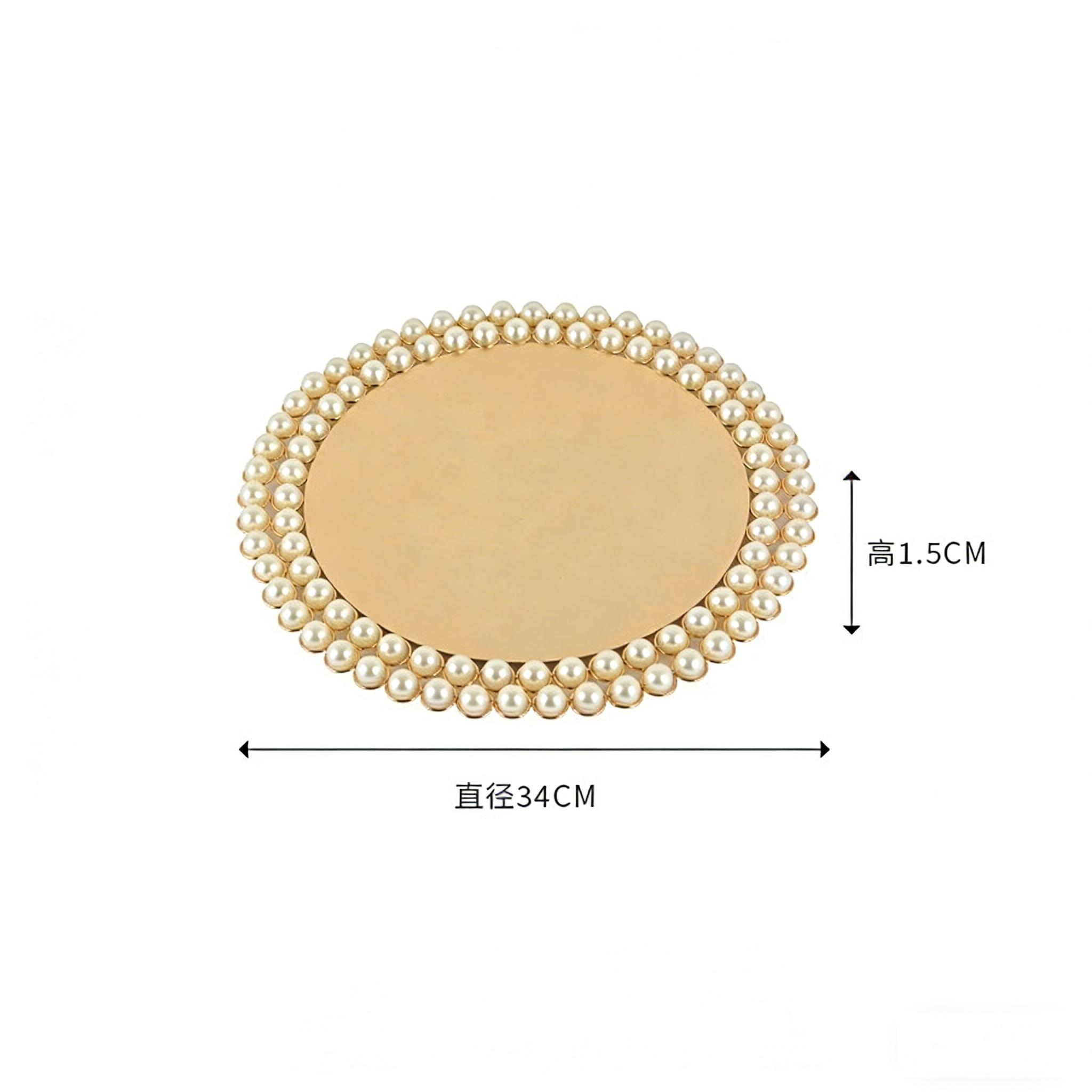 

Round Pearl Beaded Dinner Plate Golden Metal Edge Storage Tray Used for Wedding Party Cake Dessert Decoration Storage Tray