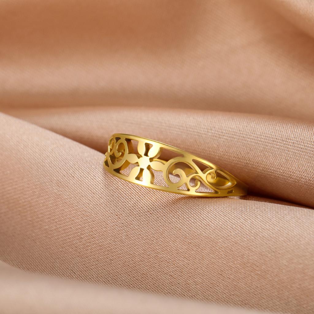 Stainless Steel Filigree Flower Ring Aesthetic Bohemian Women Rings Band Jewelry Birthday Gift