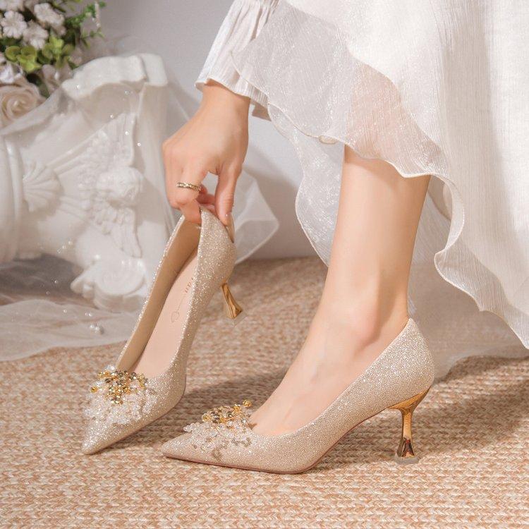 French crystal sequined wedding shoes high heels 2025 new pointed head shallow mouth wedding shoes rhinestone main wedding dress stiletto shoes