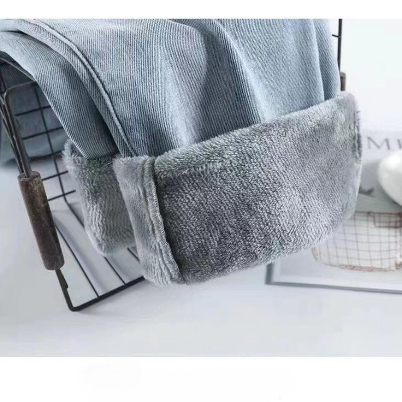 Women's High Waist Wide Leg Jeans Winter Thickened Fleece Lined  Loose Straight Long Pants Warm Casual Denim Pants