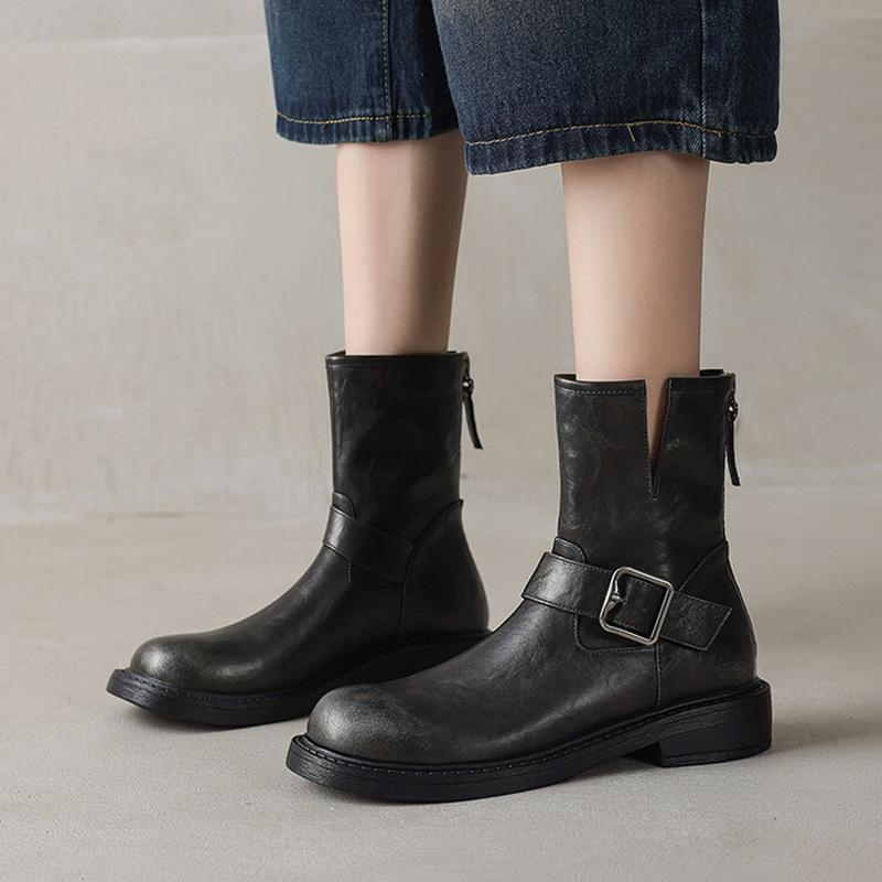Fashion NEW Autumn Women Boots Split Leather Shoes for Women Round Toe Chunky Heel Shoes Zipper Short Boots Casual Buckle Western Boots