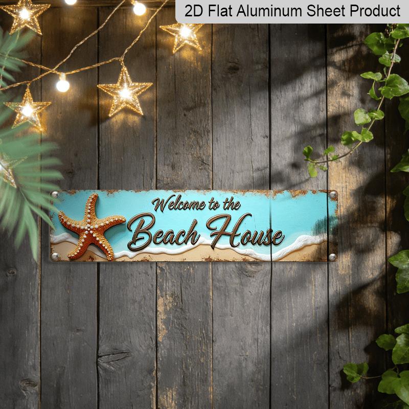 2D Flat, Stylized "Welcome To The Beach House" Metal Sign - Ocean Theme Wall Decor with Starfish and Shells Alumium Decorative Sign, Vintage Style