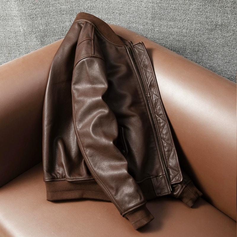 Mens Genuine Leather Jacket Short Slim Fit American Style Bomber Flight Jacket Top Grain Cowhide Autumn Winter Coat