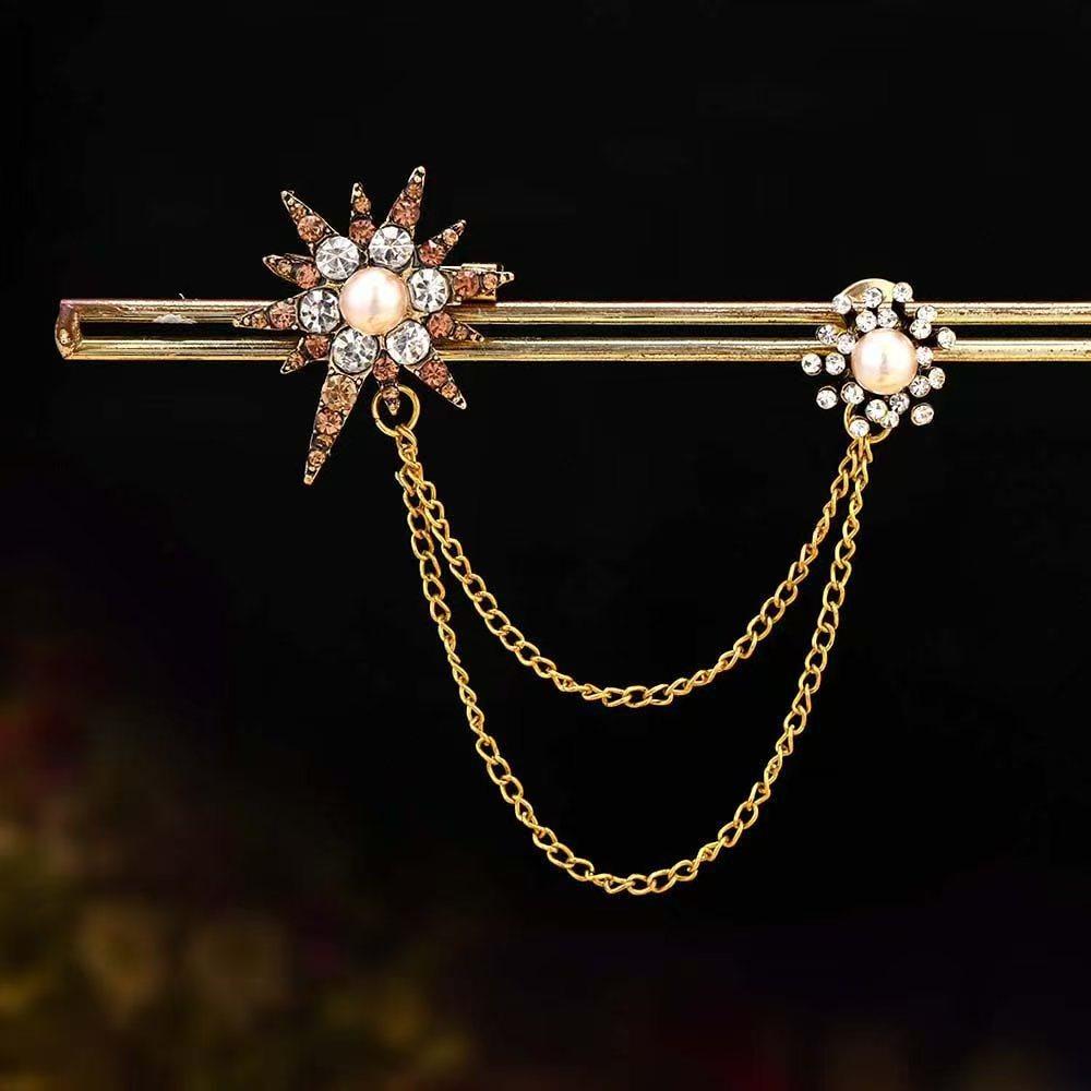 Temperament Retro Pearl Diamond-Encrusted Xingmang High-End Suit Brooch Metal Chain Fringed Niche Design Brooch
