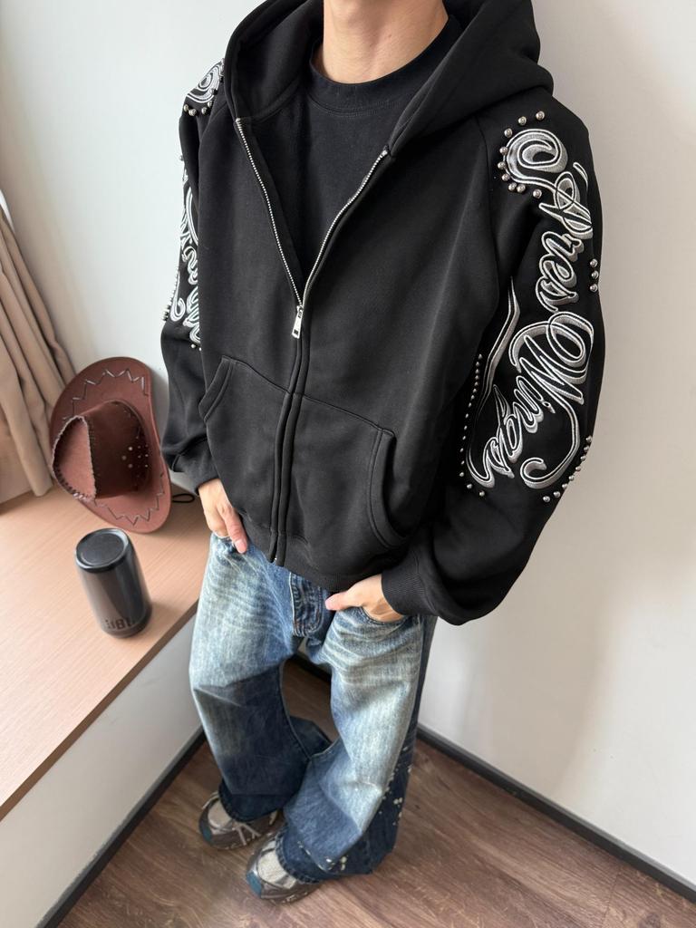 Unisex americká retro mikina s výšivkou a korálky - Novinka podzim/zima 2025