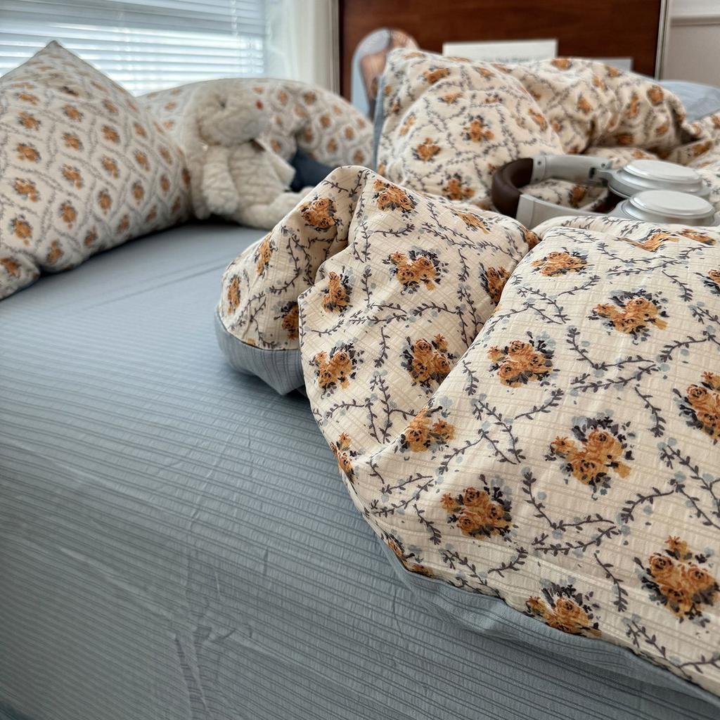 Duvet Cover Set  A-class Ultra Soft Jacquard Double-layer Yarn Washed Cotton Bedding Set  Floral Bed Sheet